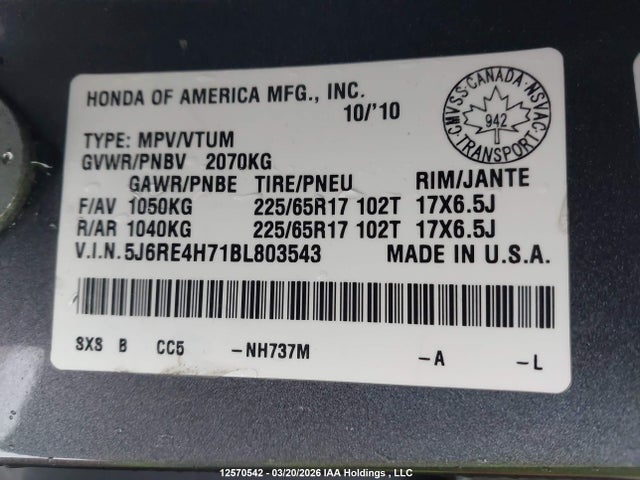 12570542 :رقم المزاد ، 5J6RE4H71BL803543 vin ، 2011 Honda Cr-v Exl مزاد بيع