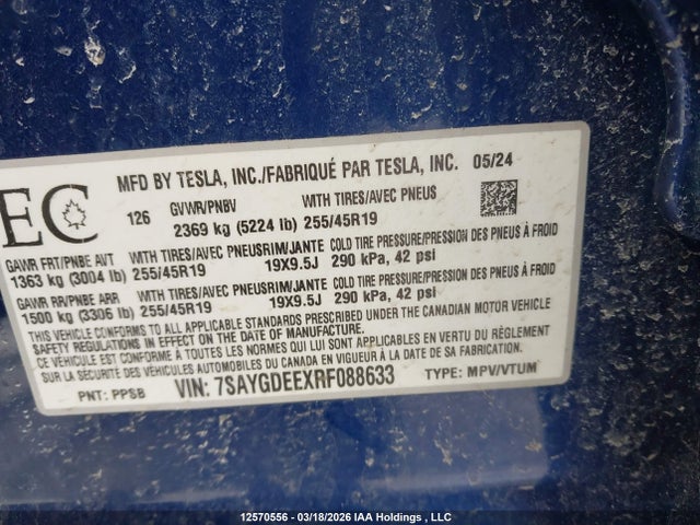 12570556 :رقم المزاد ، 7SAYGDEEXRF088633 vin ، 2024 Tesla Model Y مزاد بيع