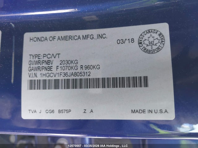 1HGCV1F36JA805312 Honda Accord
