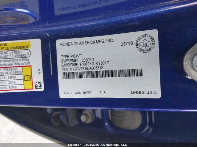 1HGCV1F36JA805312 Honda Accord