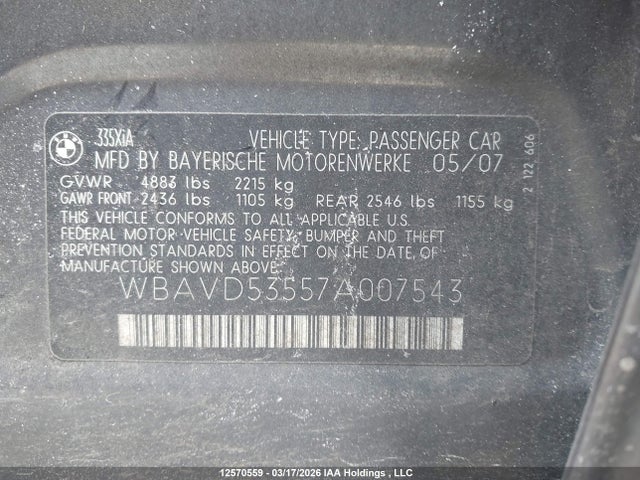12570559 :رقم المزاد ، WBAVD53557A007543 vin ، 2007 Bmw 335 Xi مزاد بيع