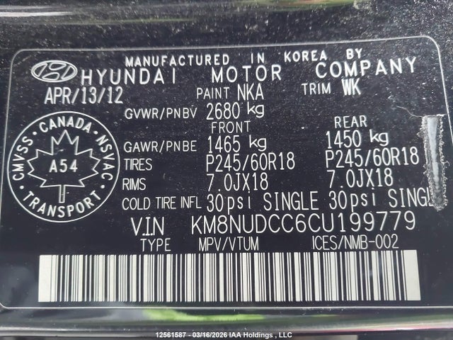 Продажа на аукционе авто 2012 Hyundai Veracruz Gls, vin: KM8NUDCC6CU199779, номер лота: 12561587