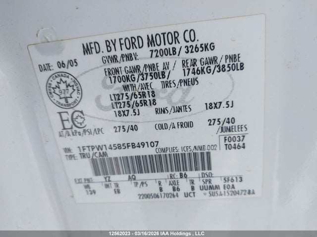 12562023 :رقم المزاد ، 1FTPW14585FB49107 vin ، 2005 Ford F-150 Fx4/lariat/xlt مزاد بيع