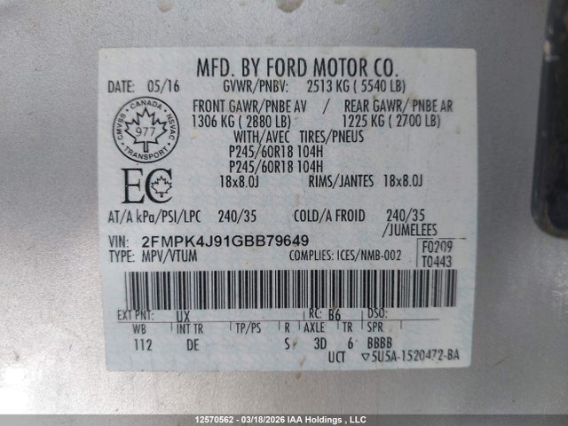 Продаж на аукціоні авто 2016 Ford Edge Sel, vin: 2FMPK4J91GBB79649, номер лоту: 12570562