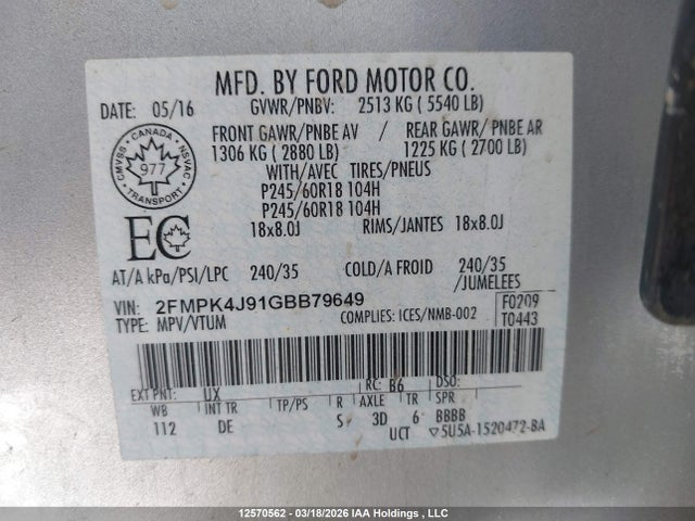 Продаж на аукціоні авто 2016 Ford Edge Sel, vin: 2FMPK4J91GBB79649, номер лоту: 12570562