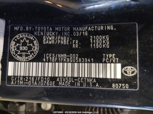 12570565 :رقم المزاد ، 4T1BF1FK8GU583941 vin ، 2016 Toyota Camry مزاد بيع