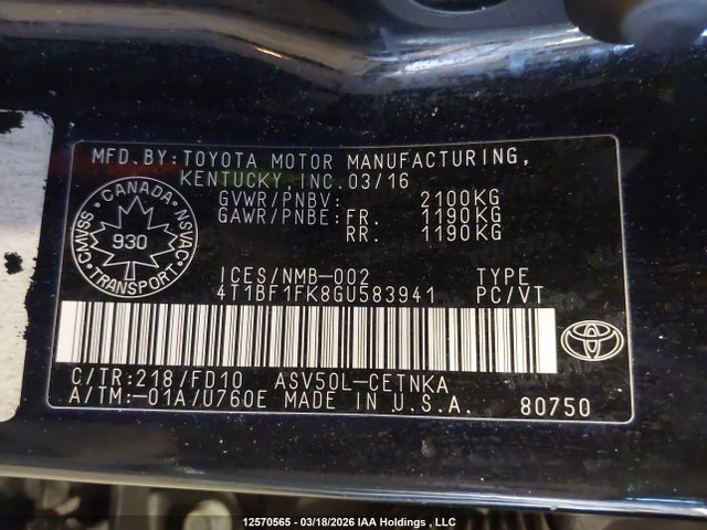 12570565 :رقم المزاد ، 4T1BF1FK8GU583941 vin ، 2016 Toyota Camry مزاد بيع