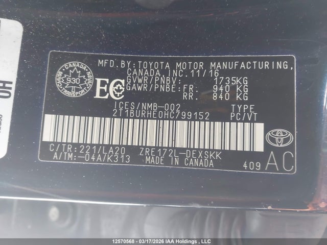 2017 Toyota Corolla მანქანა იყიდება აუქციონზე, vin: 2T1BURHE0HC799152, აუქციონის ნომერი: 12570568