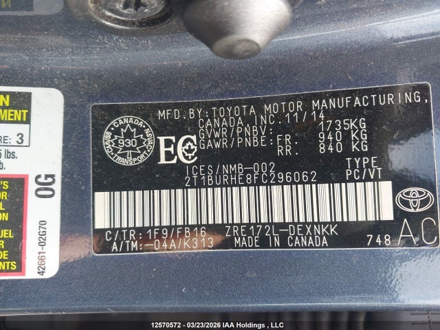 2T1BURHE8FC296062 Toyota Corolla L/le/le Pls/prm/s/s Pls