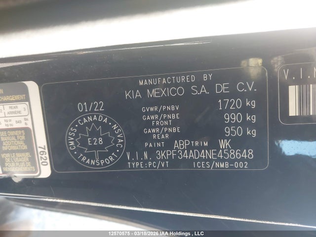 2022 Kia Forte მანქანა იყიდება აუქციონზე, vin: 3KPF34AD4NE458648, აუქციონის ნომერი: 12570575