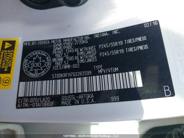 5TDDKRFH7GS262599 Toyota Highlander Limited