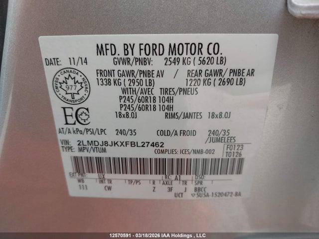 Продаж на аукціоні авто 2015 Lincoln Mkx, vin: 2LMDJ8JKXFBL27462, номер лоту: 12570591