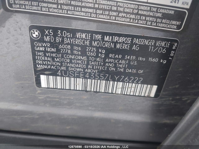 Продажа на аукционе авто 2007 Bmw X5, vin: 4USFE43557LY76222, номер лота: 12570598