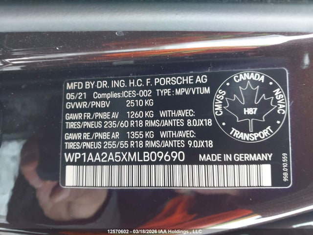 Auction sale of the 2021 Porsche Macan, vin: WP1AA2A5XMLB09690, lot number: 12570602