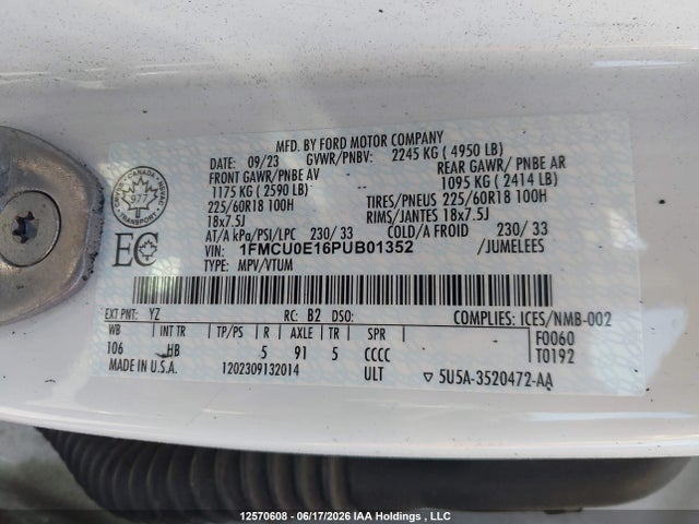 Продажа на аукционе авто 2023 Ford Escape, vin: 1FMCU0E16PUB01352, номер лота: 12570608