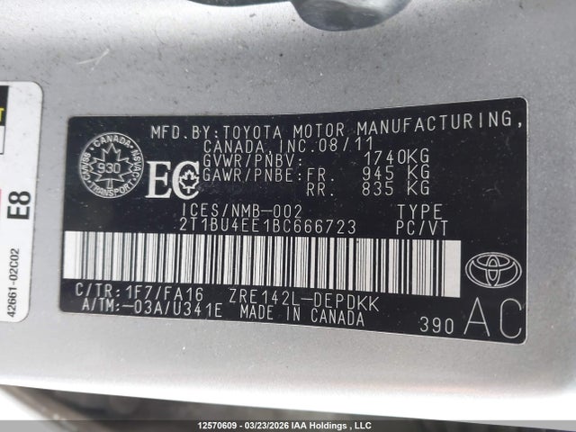 12570609 :رقم المزاد ، 2T1BU4EE1BC666723 vin ، 2011 Toyota Corolla S/le مزاد بيع