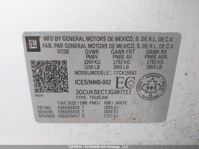 12570614 :رقم المزاد ، 3GCUKSEC7JG497717 vin ، 2018 Chevrolet Silverado K1500 Ltz مزاد بيع