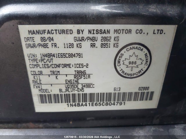2005 Nissan Maxima Se/sl მანქანა იყიდება აუქციონზე, vin: 1N4BA41E65C804791, აუქციონის ნომერი: 12570615