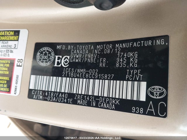12570617 :رقم المزاد ، 2T1BU4EE8CC915827 vin ، 2012 Toyota Corolla Ce مزاد بيع