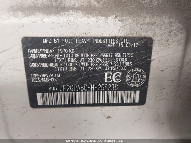 Aukcja sprzedaży 2017 Subaru Crosstrek Premium, vin: JF2GPABC8HH258238, numer aukcji: 12570618