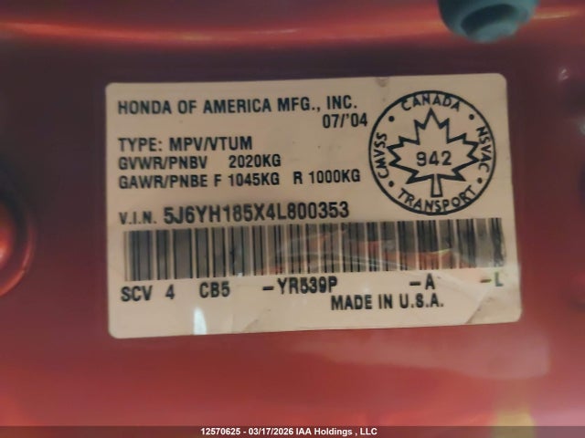 Продаж на аукціоні авто 2004 Honda Element Ex, vin: 5J6YH185X4L800353, номер лоту: 12570625