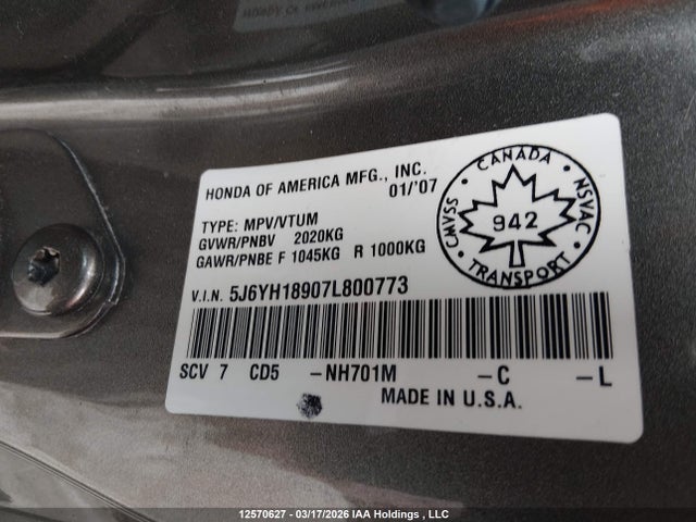 2007 Honda Element Sc მანქანა იყიდება აუქციონზე, vin: 5J6YH18907L800773, აუქციონის ნომერი: 12570627