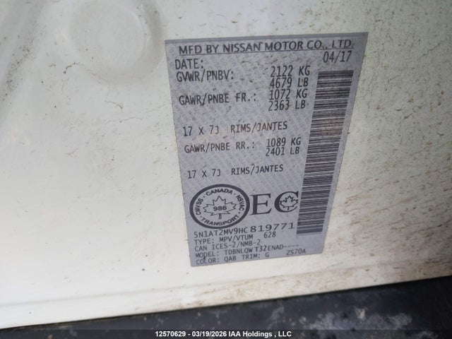 5N1AT2MV9HC819771 Nissan Rogue S/sl Platinum/sv