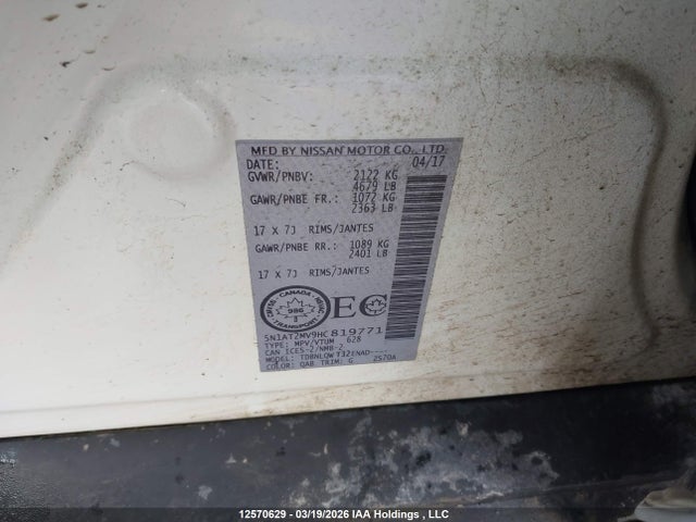 5N1AT2MV9HC819771 Nissan Rogue S/sl Platinum/sv