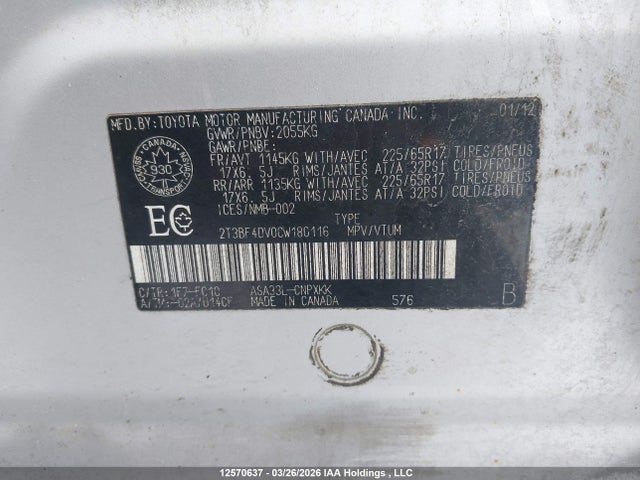 2012 Toyota Rav4 მანქანა იყიდება აუქციონზე, vin: 2T3BF4DV0CW180116, აუქციონის ნომერი: 12570637