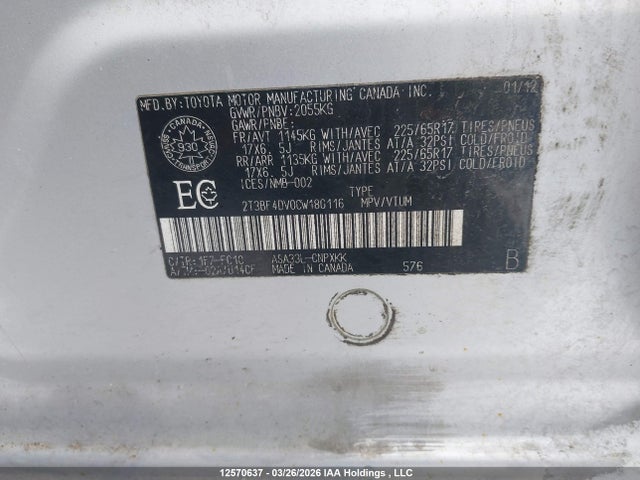 2012 Toyota Rav4 მანქანა იყიდება აუქციონზე, vin: 2T3BF4DV0CW180116, აუქციონის ნომერი: 12570637
