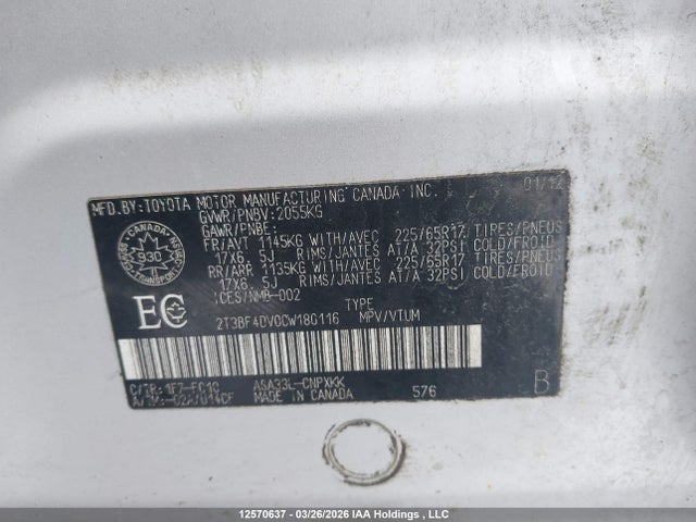2012 Toyota Rav4 მანქანა იყიდება აუქციონზე, vin: 2T3BF4DV0CW180116, აუქციონის ნომერი: 12570637