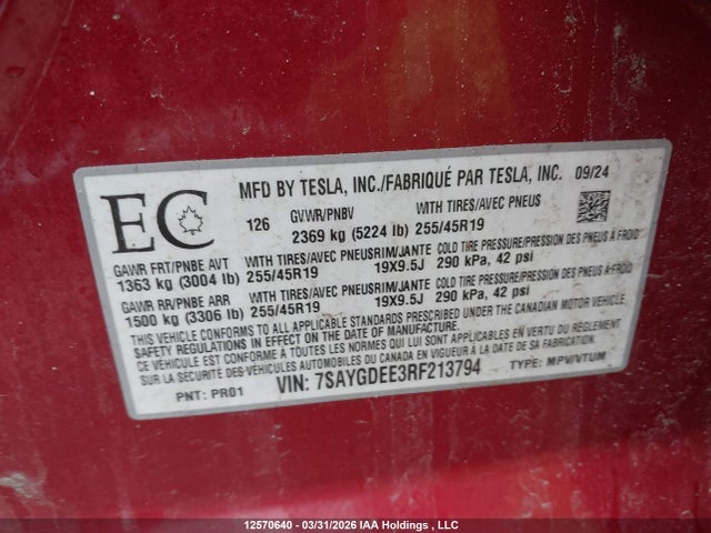 Продажа на аукционе авто 2024 Tesla Model Y, vin: 7SAYGDEE3RF213794, номер лота: 12570640