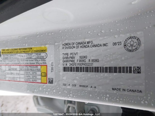 2023 Honda Civic Touring მანქანა იყიდება აუქციონზე, vin: 2HGFE1F90PH002331, აუქციონის ნომერი: 12570647