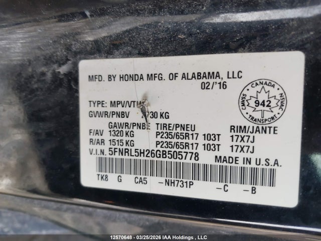 5FNRL5H26GB505778 Honda Odyssey