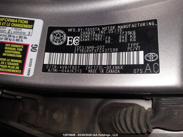 Aukcja sprzedaży 2015 Toyota Corolla, vin: 2T1BURHEXFC437598, numer aukcji: 12570649