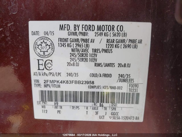 Продаж на аукціоні авто 2015 Ford Edge Titanium, vin: 2FMPK4K83FBB23958, номер лоту: 12570664