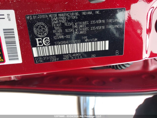 12570665 :رقم المزاد ، 5TDKDRBH6TS597032 vin ، 2026 Toyota Highlander مزاد بيع