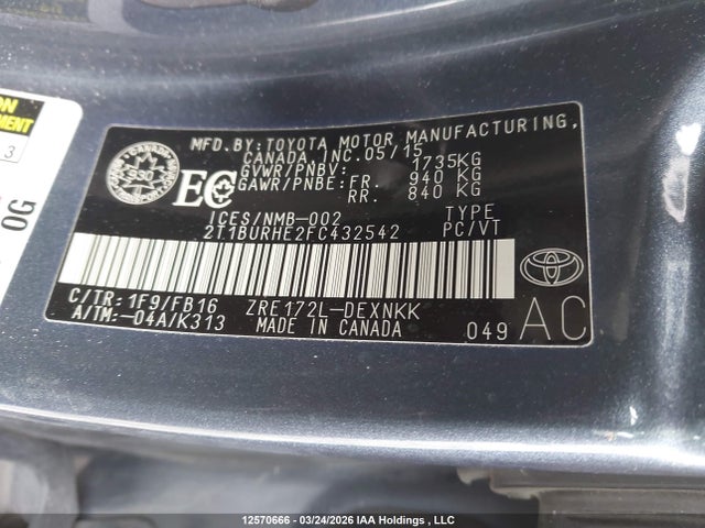 Aukcja sprzedaży 2015 Toyota Corolla, vin: 2T1BURHE2FC432542, numer aukcji: 12570666