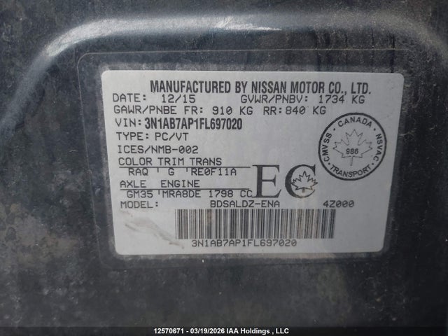 Aukcja sprzedaży 2015 Nissan Sentra 1.8 S/1.8 Sl/1.8 Sr/1.8 Sv, vin: 3N1AB7AP1FL697020, numer aukcji: 12570671