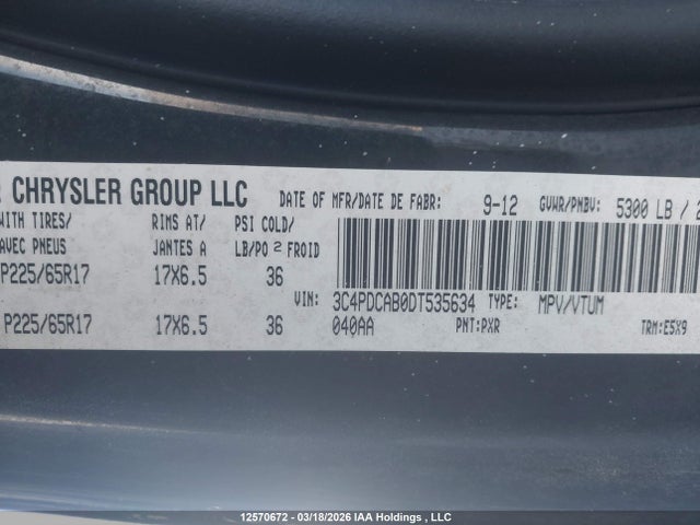 12570672 :رقم المزاد ، 3C4PDCAB0DT535634 vin ، 2013 Dodge Journey Se مزاد بيع