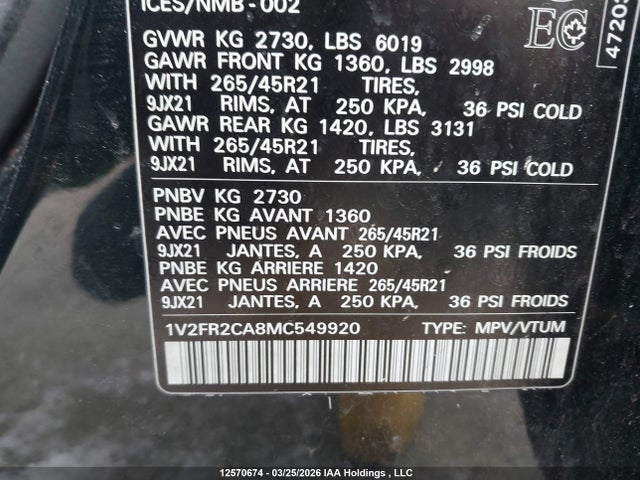 Продажа на аукционе авто 2021 Volkswagen Atlas, vin: 1V2FR2CA8MC549920, номер лота: 12570674