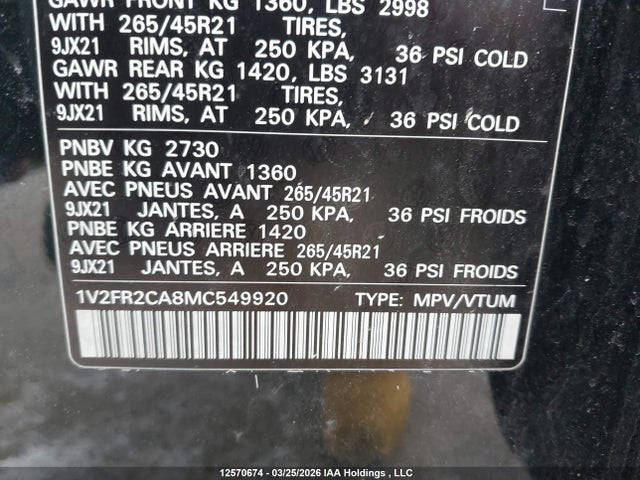 Продажа на аукционе авто 2021 Volkswagen Atlas, vin: 1V2FR2CA8MC549920, номер лота: 12570674