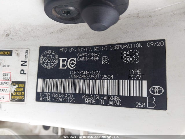 Aukcja sprzedaży 2021 Toyota Corolla Se/xse, vin: JTNK4MBE9M3112504, numer aukcji: 12570679