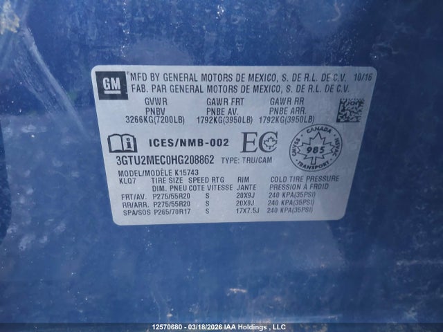 Aukcja sprzedaży 2017 Gmc Sierra K1500 Sle, vin: 3GTU2MEC0HG208862, numer aukcji: 12570680
