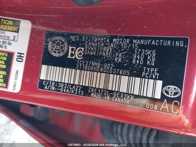 2T1BURHE8GC537605 Toyota Corolla L/le/le Pls/prm/s/s Pls
