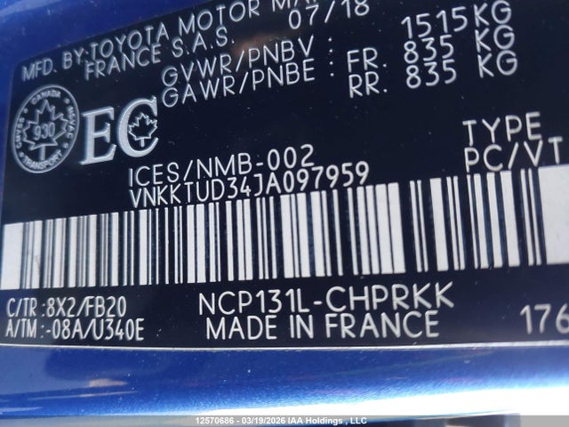 Продажа на аукционе авто 2018 Toyota Yaris L/le/se, vin: VNKKTUD34JA097959, номер лота: 12570686