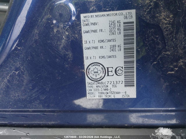 Продажа на аукционе авто 2020 Nissan Rogue, vin: 5N1AT2MV8LC721372, номер лота: 12570688