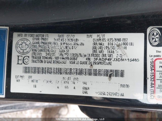 2013 Ford Fiesta Titanium მანქანა იყიდება აუქციონზე, vin: 3FADP4FJ3DM115480, აუქციონის ნომერი: 12570693