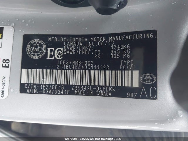 12570697 :رقم المزاد ، 2T1BU4EE4DC111123 vin ، 2013 Toyota Corolla Ce مزاد بيع