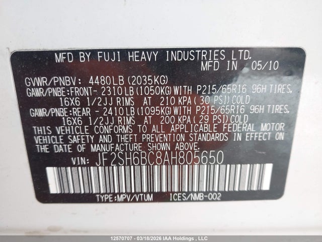 Продаж на аукціоні авто 2010 Subaru Forester, vin: JF2SH6BC8AH805650, номер лоту: 12570707